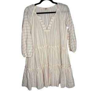 Lemlem Preppy Cream Pink Glitter Stripe V Neck Cotton Blend Mini Dress Medium